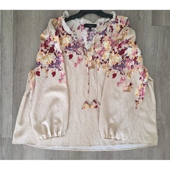 Como Black Woman 2X Floral Tie Neck Blouse Long Sleeve Rayon Beige - Picture 3 of 12